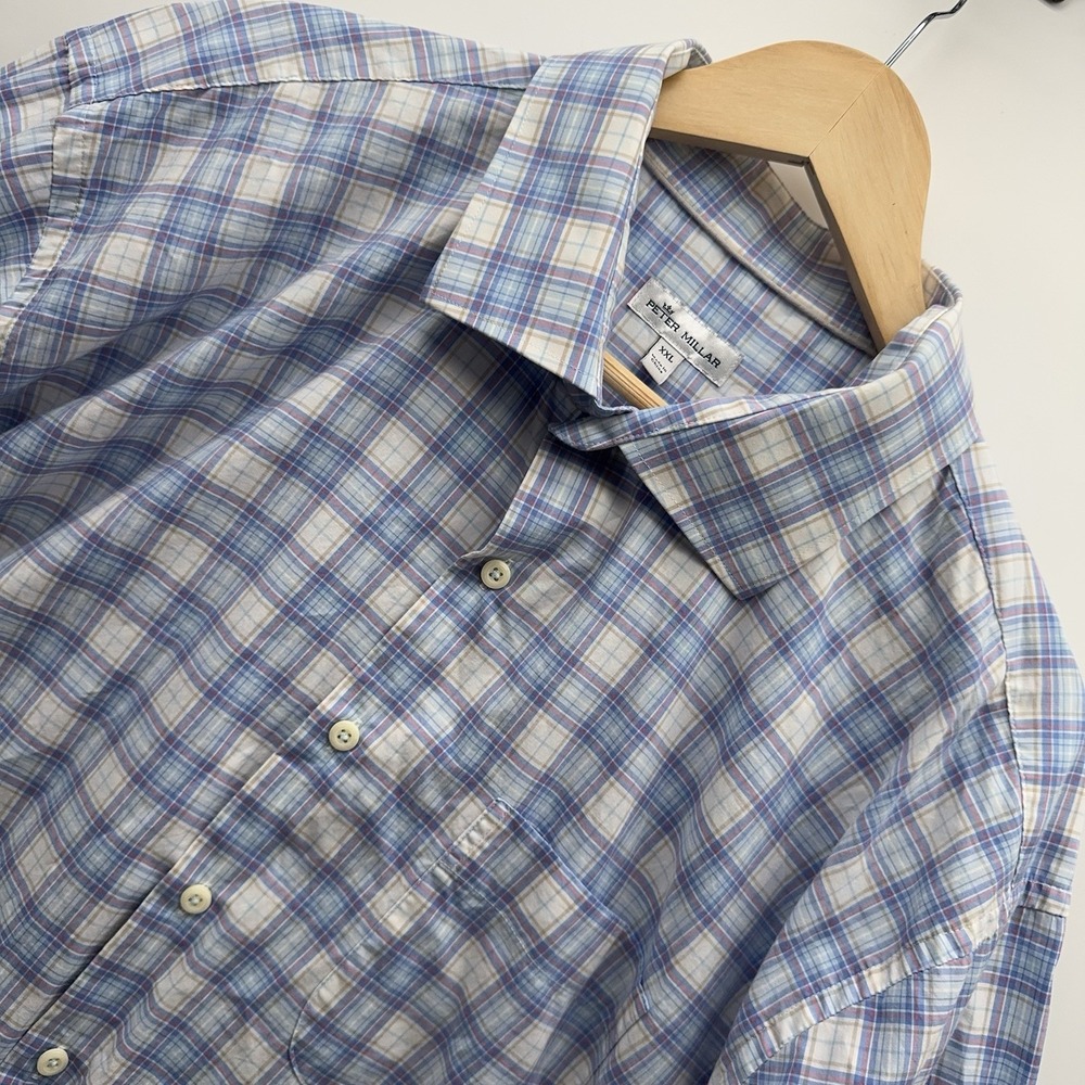Peter Millar Shirt Mens XXL Blue White Plaid Long Sleeve Button Front Cotton